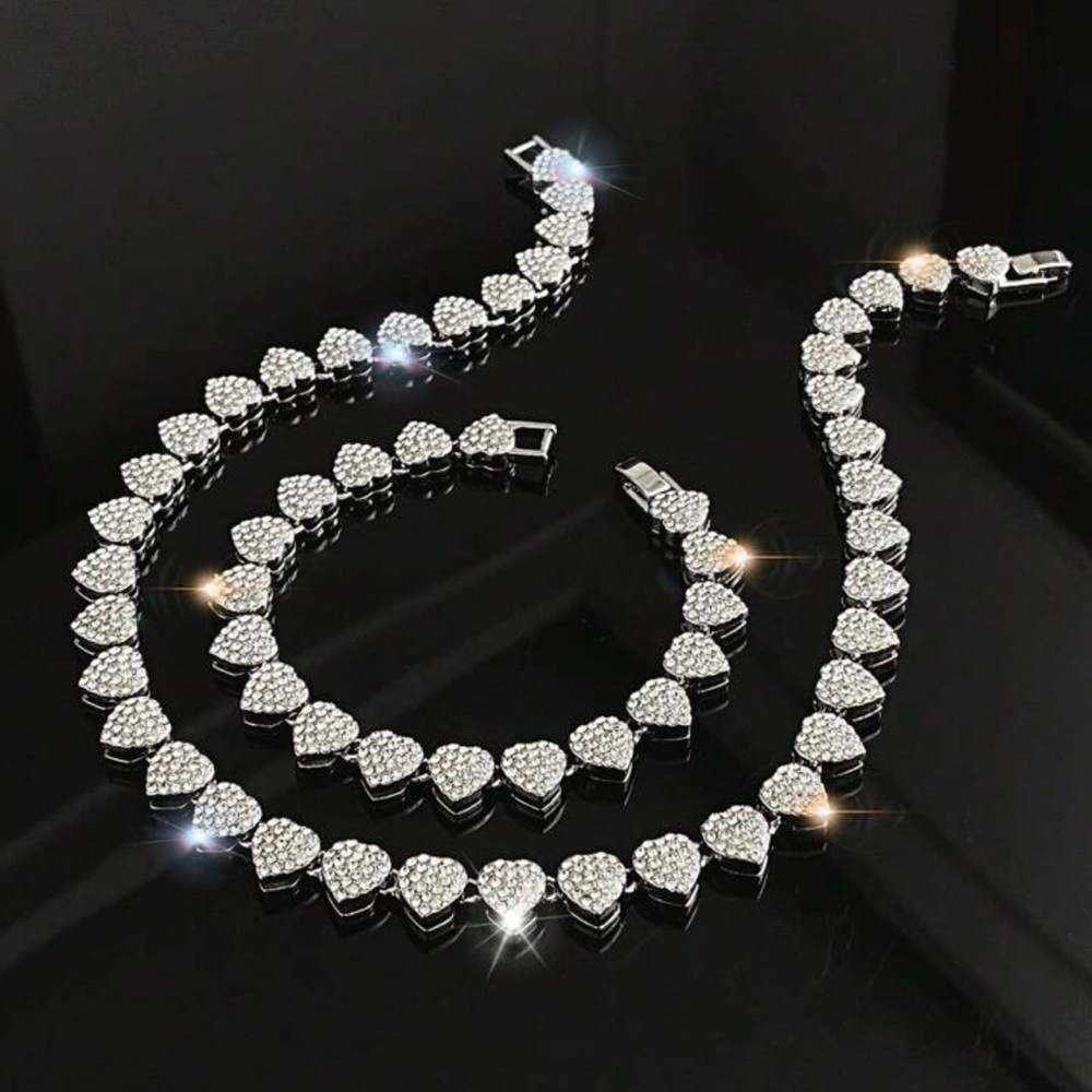 Elegant Silver Heart Necklace and Bracelet Set